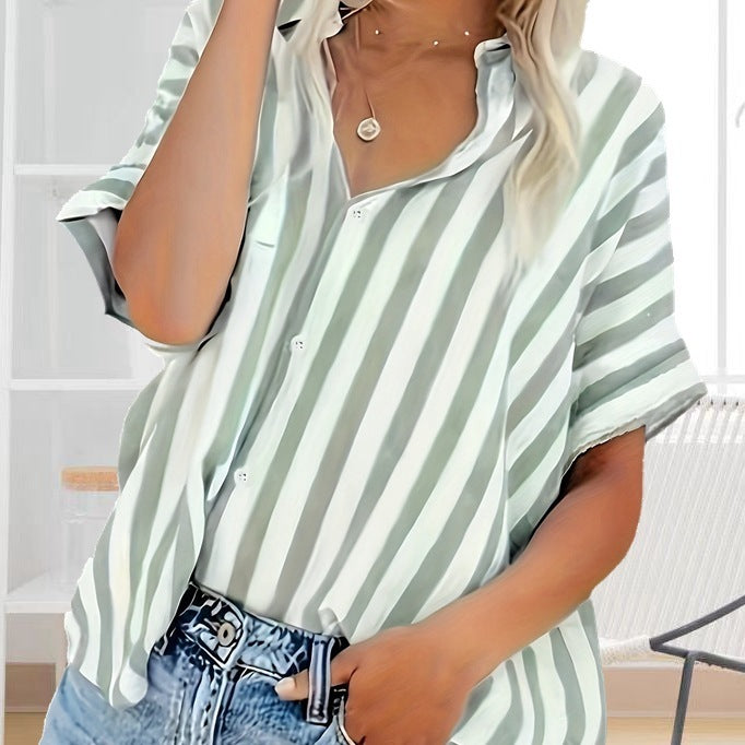 Fashion Elegant Comfortable Button Striped Plus Size Plump Girls Summer Shirt