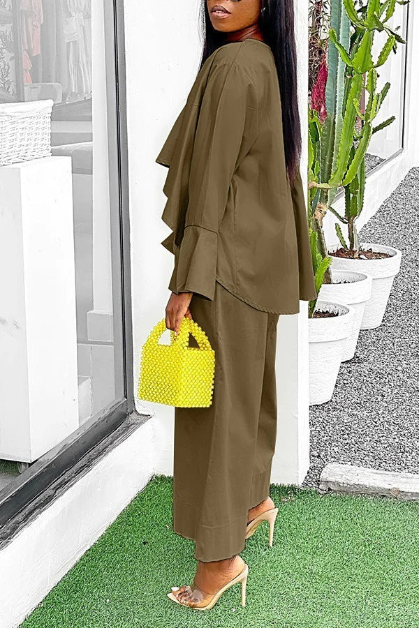 Casual Two-piece Suit Front Short Back Long Bell Sleeve Top Wide Leg Pants Suit