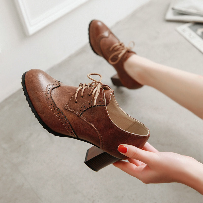 English Style Thick Heel Leather Shoes