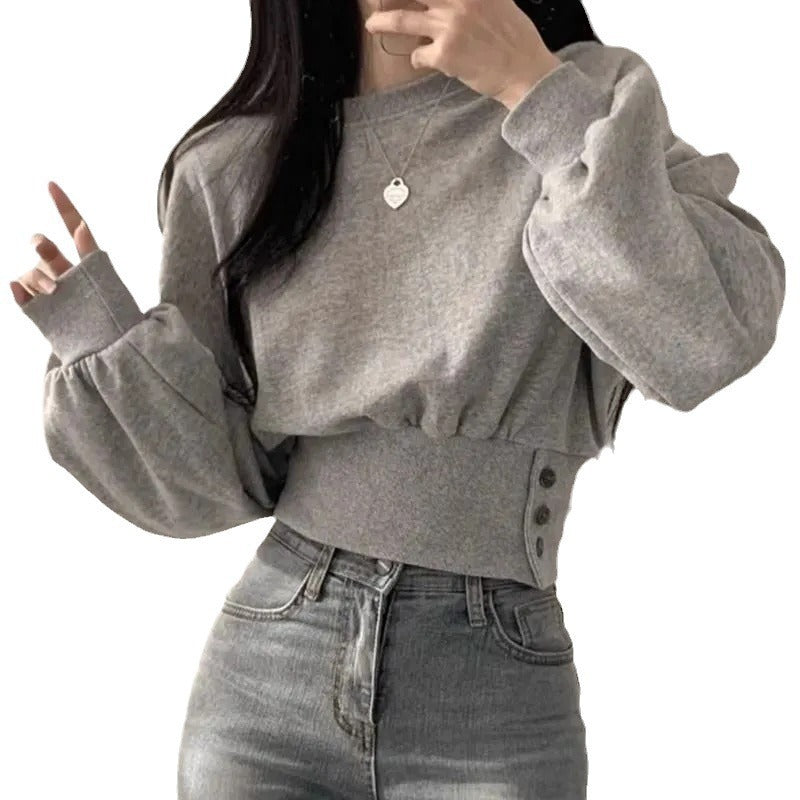 Autumn Crew Neck Button Long Sleeve Short Pullover Sweatshirt Top For Women