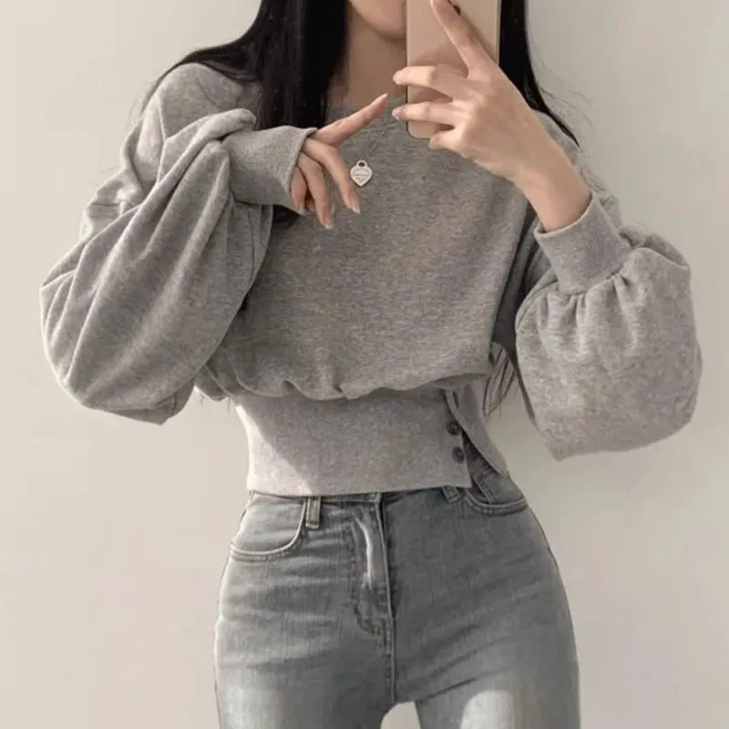 Autumn Crew Neck Button Long Sleeve Short Pullover Sweatshirt Top For Women